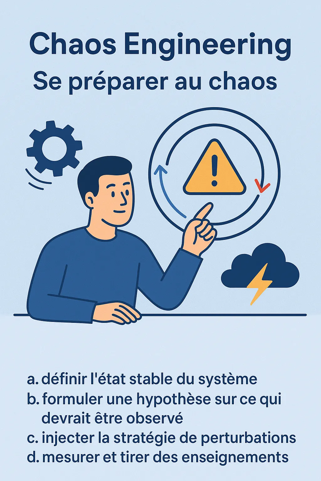 Illustration of Chaos Engineering: preparing for chaos, with the four steps of the scientific method (steady state, hypothesis, injection, measurement).