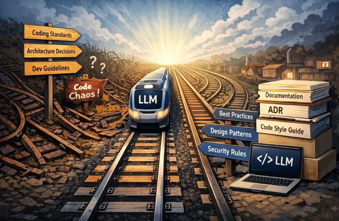 A train stamped 'LLM' at the junction of two tracks: on the left, broken rails leading into chaos for lack of standards; on the right, aligned rails lined with documentation, ADRs and best practices leading toward the horizon.