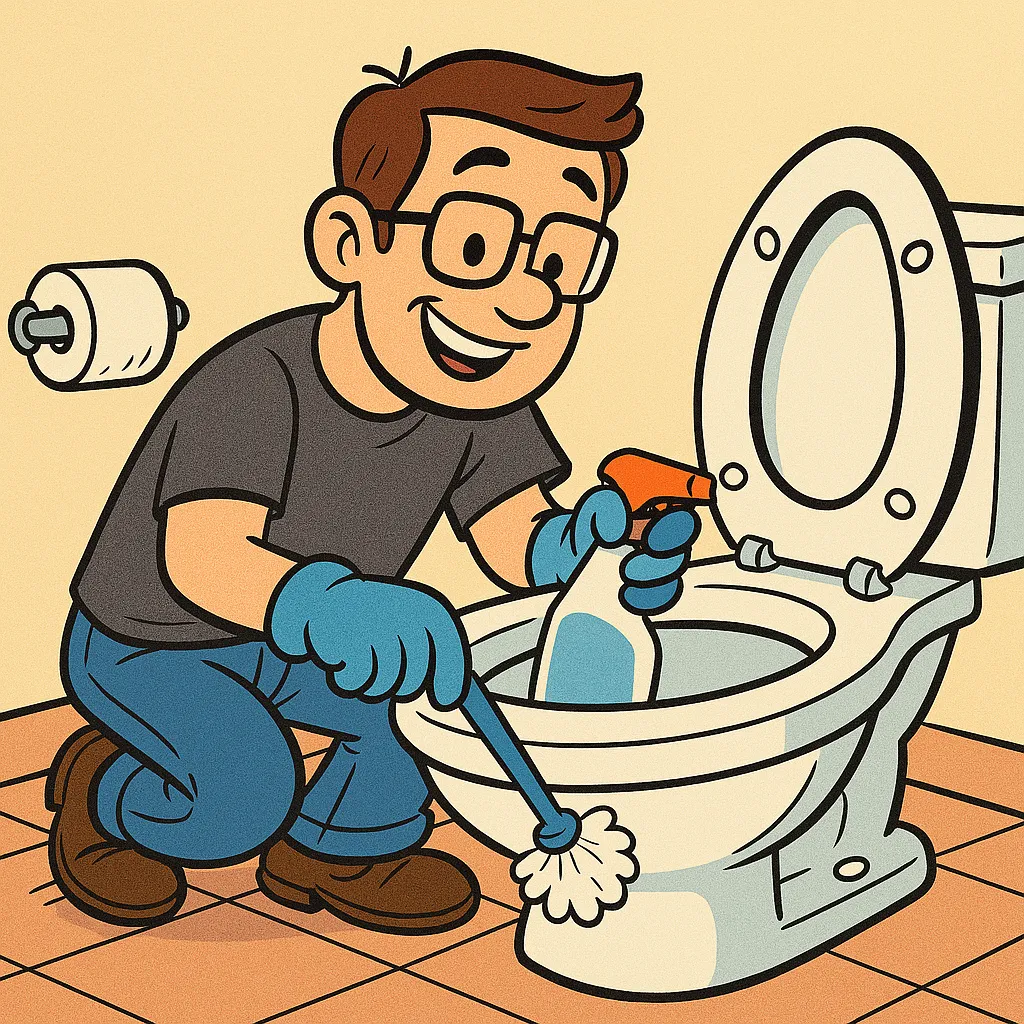 Illustration of a smiling person energetically scrubbing a toilet, a metaphor for the work of cleaning up a messy codebase.