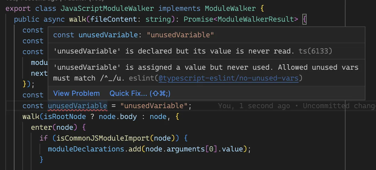 ESLint flagging an unused variable in TypeScript.