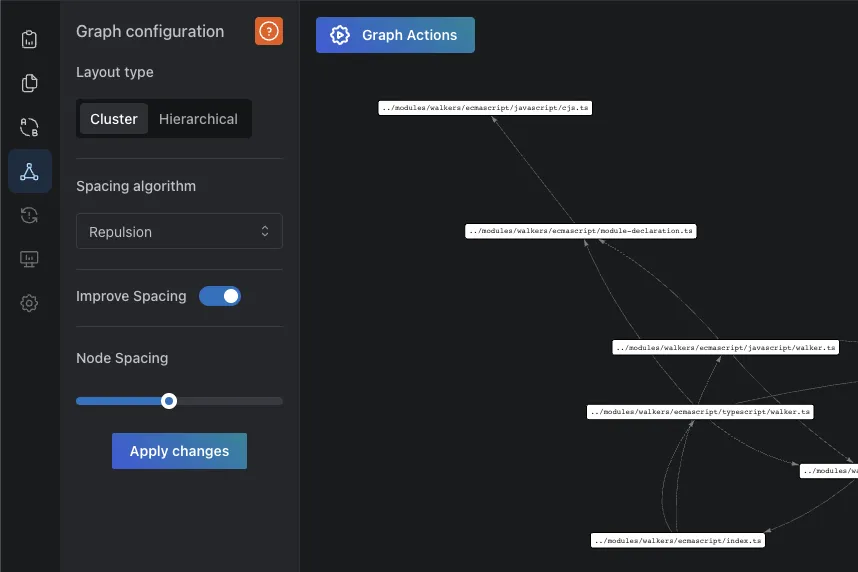 skott web app cluster layout options with node spacing algorithm selection.