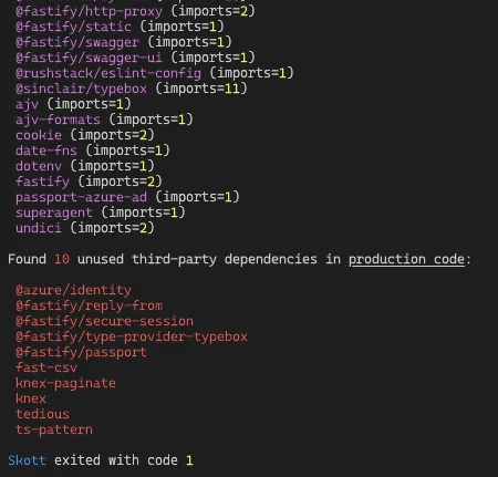 skott reporting unused npm production dependencies in the terminal.