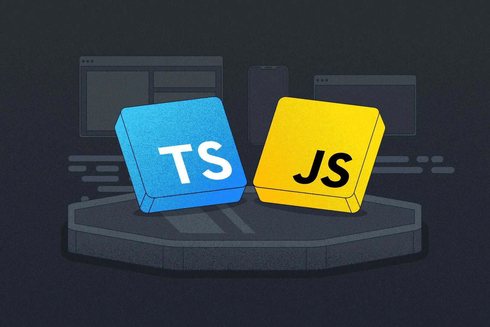 A blue TypeScript cube and a yellow JavaScript cube sitting side by side on a platform, symbolizing the choice between static typing and a dynamic language.